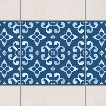 Fliesen Bordüre - Dunkelblau Weiß Muster Serie No.05 - 20cm x 20cm Fliesensticker Set