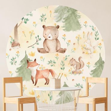Runde Tapete selbstklebend - Fuchs und Bär mit Blumen und Bäumen