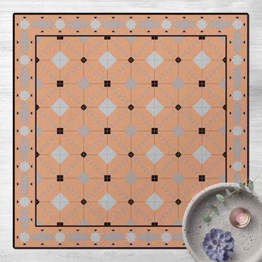 Kork-Teppich - Geometrische Fliesen Ikat Blau mit Bordüre - Quadrat 1:1