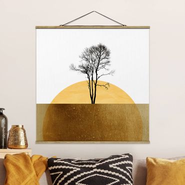 Stoffbild mit Posterleisten - Goldene Sonne mit Baum - Quadrat 1:1