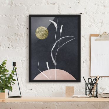 Bild mit Rahmen - Goldener Mond mit Schilf - Hochformat