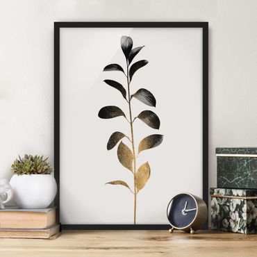 Bild mit Rahmen - Grafische Pflanzenwelt - Gold und Grau - Hochformat