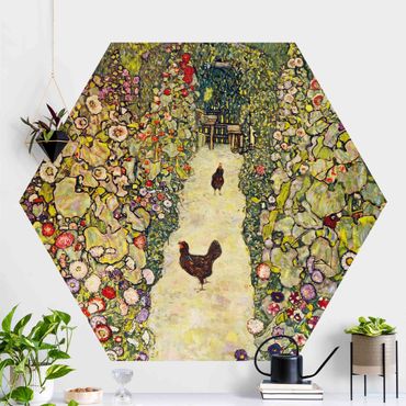 Hexagon Mustertapete selbstklebend - Gustav Klimt - Gartenweg mit Hühnern
