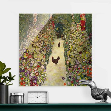 Glasbild - Kunstdruck Gustav Klimt - Gartenweg mit Hühnern - Jugendstil Quadrat 1:1