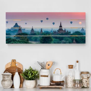 Holzbild - Heißluftballons über Tempelanlage - Panorama