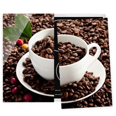 Herdabdeckplatte Glas - Kaffeetasse mit gerösteten Kaffeebohnen