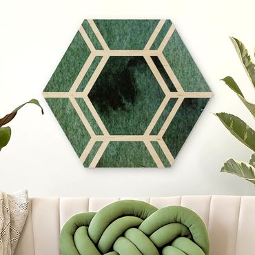 Hexagon Bild Holz - Hexagonträume Aquarell in Grün