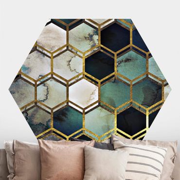 Hexagon Mustertapete selbstklebend - Hexagonträume Aquarell mit Gold