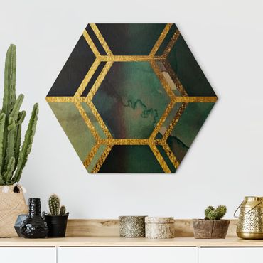 Hexagon Bild Alu-Dibond - Hexagonträume Aquarell mit Gold