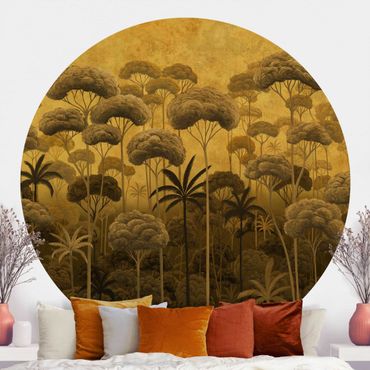 Runde Tapete selbstklebend - Hohe Bäume im Dschungel in goldener Tönung
