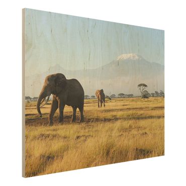 Bild aus Holz - Elefanten vor dem Kilimanjaro in Kenya - Quer 4:3
