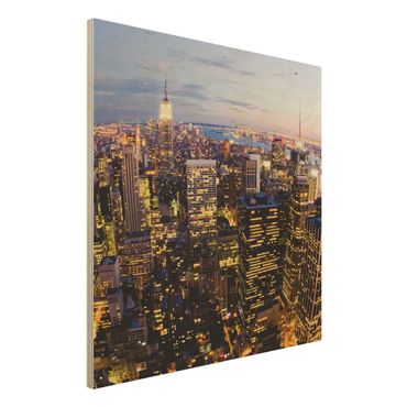 Holzbild - New York Skyline bei Nacht - Quadrat 1:1