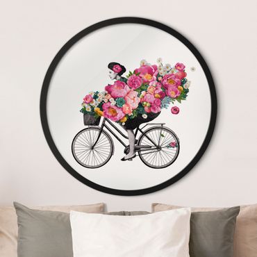 Rundes Gerahmtes Bild - Illustration Frau auf Fahrrad Collage bunte Blumen