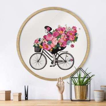 Rundes Gerahmtes Bild - Illustration Frau auf Fahrrad Collage bunte Blumen