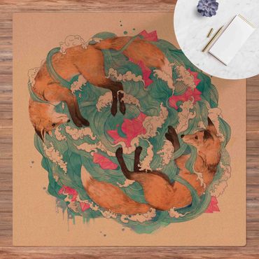 Kork-Teppich - Illustration Füchse und Wellen Malerei - Quadrat 1:1