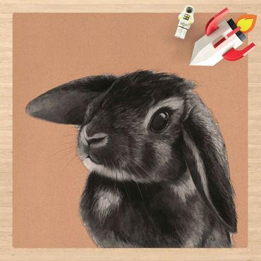 Kork-Teppich - Illustration Hase Schwarz Weiß Zeichnung - Quadrat 1:1