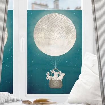 Fensterfolie - Sichtschutz - Illustration Hasen Mond-Heißluftballon Sternenhimmel - Fensterbilder