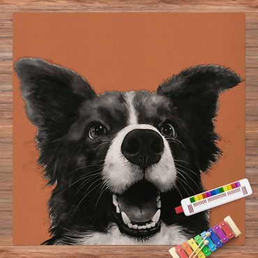 Kork-Teppich - Illustration Hund Border Collie Schwarz Weiß Malerei - Quadrat 1:1