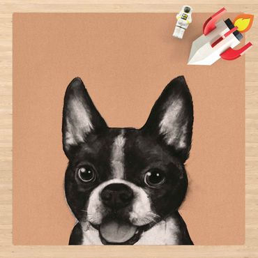 Kork-Teppich - Illustration Hund Boston Schwarz Weiß Malerei - Quadrat 1:1