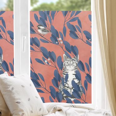 Fensterfolie - Sichtschutz - Illustration Katze und Vogel auf Ast Blau Rot - Fensterbilder