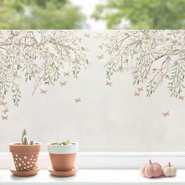 Fensterfolie - Sichtschutz - Kirschblüte im Flügelspiel der Schmetterlinge - Fensterbilder