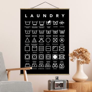 Stoffbild mit Posterleisten - Laundry Symbole Schwarz-Weiß - Hochformat 3:4