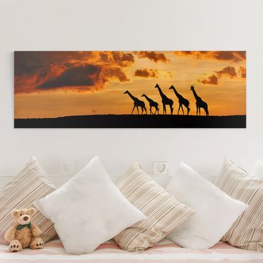 Leinwandbild - Fünf Giraffen - Panorama Quer