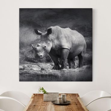 Leinwandbild Schwarz-Weiß - Lonesome Rhinoceros - Quadrat 1:1