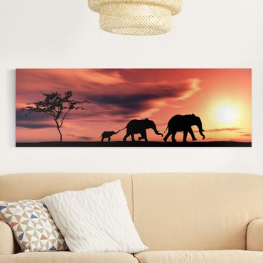 Afrika Leinwandbild Savannah Elefant Family - Rot, Schwarz, Panorama Quer