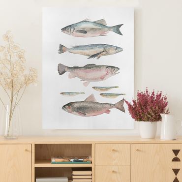 Leinwandbild - Sieben Fische in Aquarell I - Hochformat 4:3