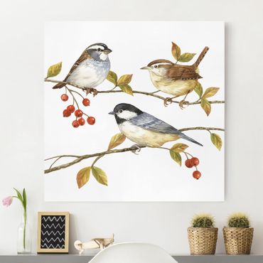 Leinwandbild - Vögel und Beeren - Meisen - Quadrat 1:1