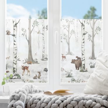 Fensterfolie - Sichtschutz - Leiser weißer Wald mit Tieren - Fensterbilder