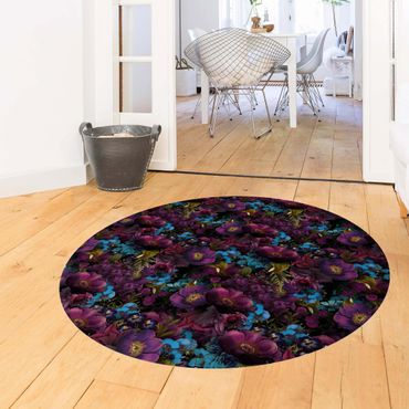 Runder Vinyl-Teppich - Lila Blüten mit Blauen Blumen