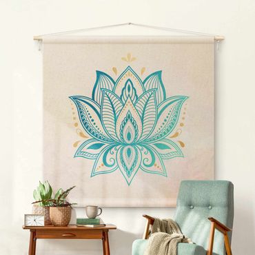 Wandteppich - Lotus Illustration Mandala gold blau - Quadrat 1:1
