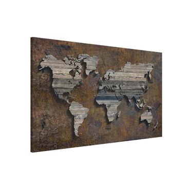 Magnettafel - Holz Rost Weltkarte - Memoboard Querformat