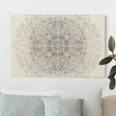 Leinwandbild Natur - Mandala Aquarell Ornament Muster schwarz weiß - Querformat 3:2