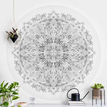 Runde Tapete selbstklebend - Mandala Aquarell Ornament schwarz weiß