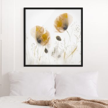 Bild mit Rahmen - Mohnblumen und zarte Gräser im weichen Nebel - Quadrat