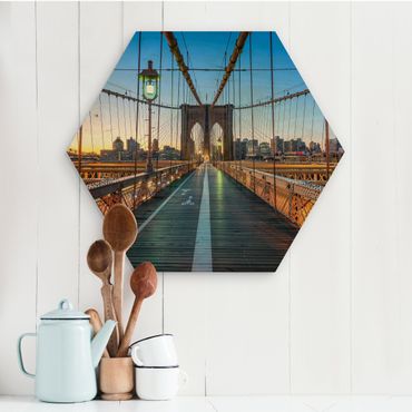 Hexagon Bild Holz - Morgenblick von der Brooklyn Bridge
