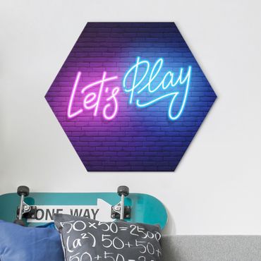 Hexagon-Alu-Dibond Bild - Neon Schrift Let's Play