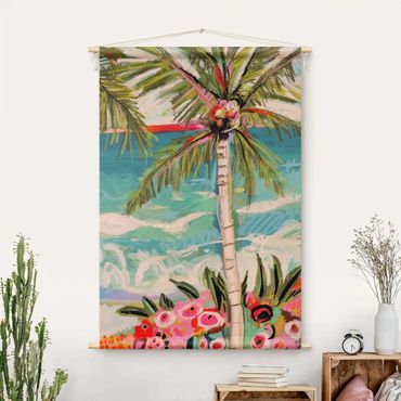 Wandteppich - Palme mit pinken Blumen II - Hochformat 2:3