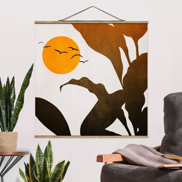 Stoffbild mit Posterleisten - Pflanzenwelt mit gelber Sonne - Quadrat