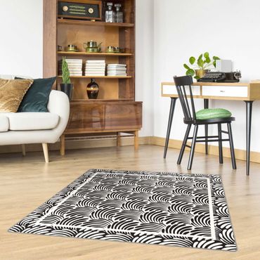 Teppich - Quadratische Blätterornamente Schwarz Weiß mit Rahmen