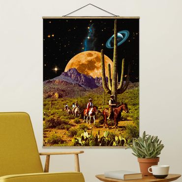 Stoffbild mit Posterleisten - Retro Collage - Weltraum Cowboys - Hochformat 3:4