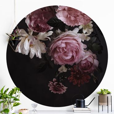 Runde Tapete selbstklebend - Rosa Blumen auf Schwarz Vintage