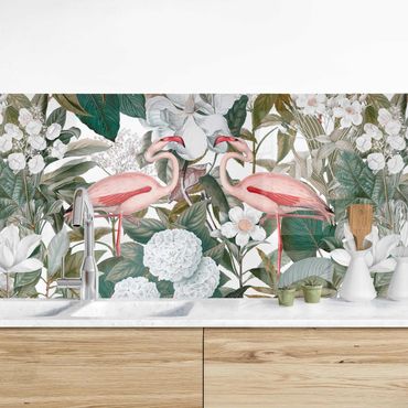 Küchenrückwand - Rosa Flamingos mit Blättern und weißen Blumen