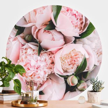 Runde Tapete selbstklebend - Rosa Pfingstrosen mit Blättern