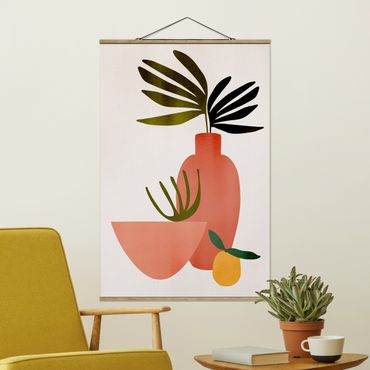 Stoffbild mit Posterleisten - Rosa Vasen und Zitrone - Hochformat