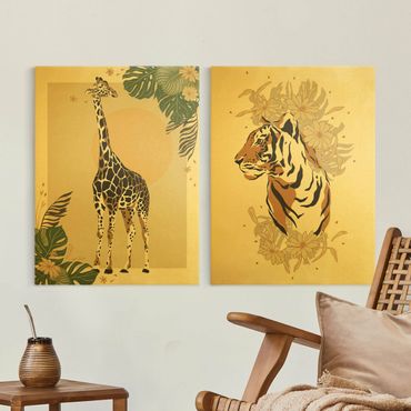 Leinwandbild 2-teilig - Safari Tiere - Giraffe und Tiger