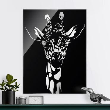Glasbild - Safari Tiere - Portrait Giraffe Schwarz - Hochformat 3:4